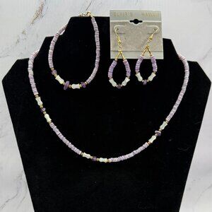 Vintage Hawaiian Purple & White Puka Shell Choker Necklace Bracelet & Earrings